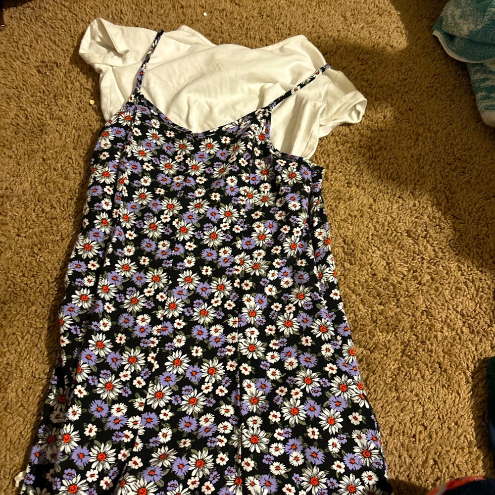 White shirt with a floral dress with built in shorts